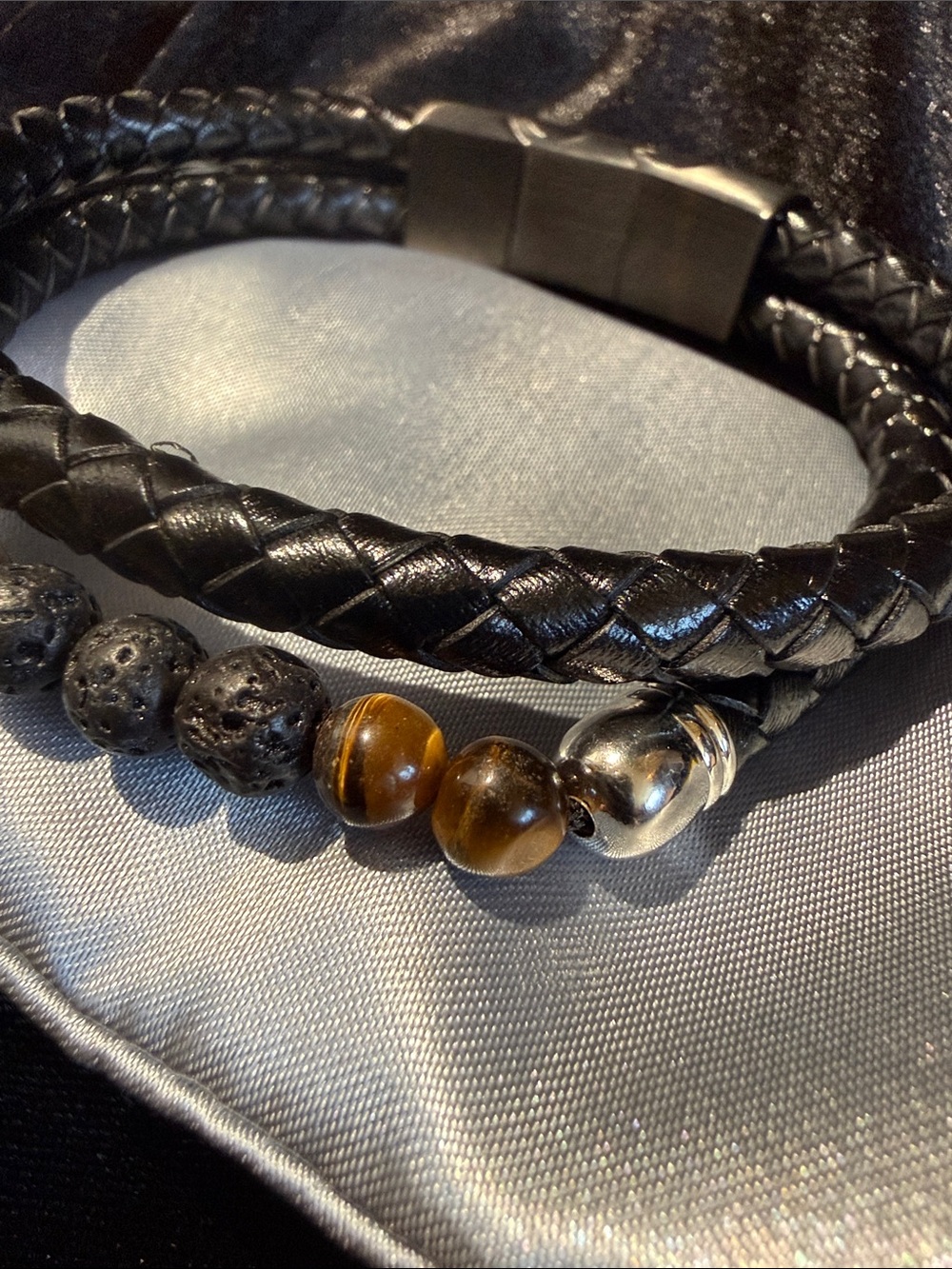 Men's Black Braided Leather Lava Stone & Tiger Eye Bead Bracelet